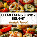 Sheet pan with garlic shrimp and colorful vegetables showing a clean eating dinner idea.